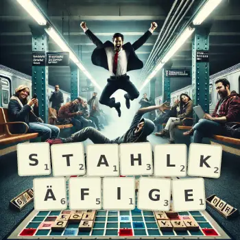 Kreative Illustration für ein Scrabble-Spiel, bei dem das Wort STAHLKÄFIGE mit Steinen auf dem Brett gelegt wurde.