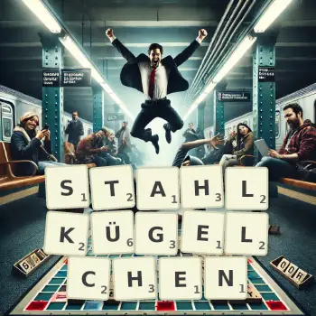 Kreative Illustration für ein Scrabble-Spiel, bei dem das Wort STAHLKÜGELCHEN mit Steinen auf dem Brett gelegt wurde.