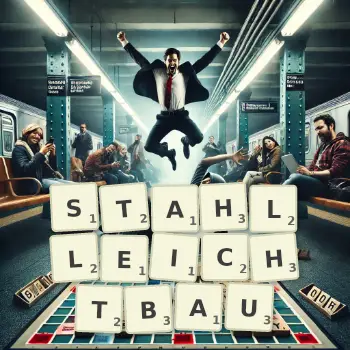 Kreative Illustration für ein Scrabble-Spiel, bei dem das Wort STAHLLEICHTBAU mit Steinen auf dem Brett gelegt wurde.