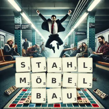 Kreative Illustration für ein Scrabble-Spiel, bei dem das Wort STAHLMÖBELBAU mit Steinen auf dem Brett gelegt wurde.