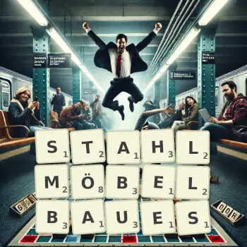 Kreative Illustration für ein Scrabble-Spiel, bei dem das Wort STAHLMÖBELBAUES mit Steinen auf dem Brett gelegt wurde.