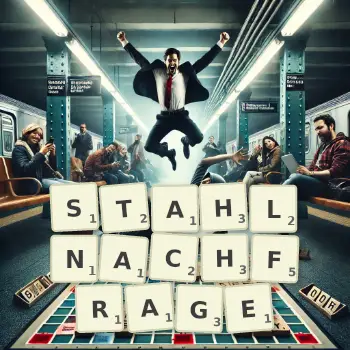 Kreative Illustration für ein Scrabble-Spiel, bei dem das Wort STAHLNACHFRAGE mit Steinen auf dem Brett gelegt wurde.