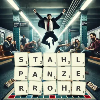Kreative Illustration für ein Scrabble-Spiel, bei dem das Wort STAHLPANZERROHR mit Steinen auf dem Brett gelegt wurde.