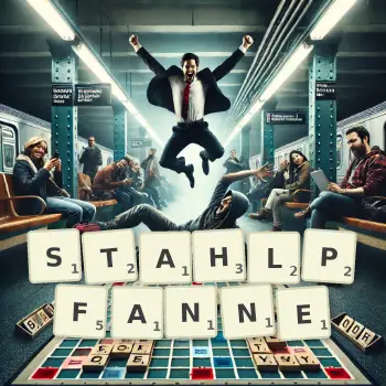 Kreative Illustration für ein Scrabble-Spiel, bei dem das Wort STAHLPFANNE mit Steinen auf dem Brett gelegt wurde.