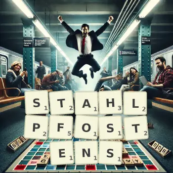 Kreative Illustration für ein Scrabble-Spiel, bei dem das Wort STAHLPFOSTENS mit Steinen auf dem Brett gelegt wurde.