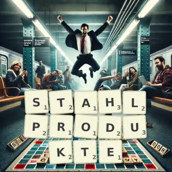 Kreative Illustration für ein Scrabble-Spiel, bei dem das Wort STAHLPRODUKTE mit Steinen auf dem Brett gelegt wurde.