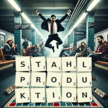 Kreative Illustration für ein Scrabble-Spiel, bei dem das Wort STAHLPRODUKTION mit Steinen auf dem Brett gelegt wurde.