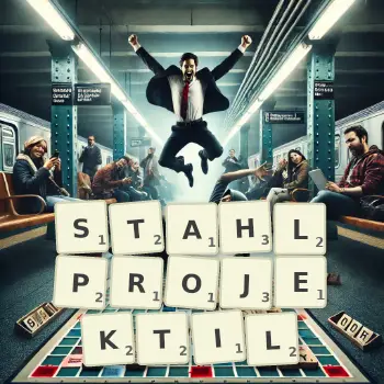 Kreative Illustration für ein Scrabble-Spiel, bei dem das Wort STAHLPROJEKTIL mit Steinen auf dem Brett gelegt wurde.