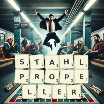 Kreative Illustration für ein Scrabble-Spiel, bei dem das Wort STAHLPROPELLER mit Steinen auf dem Brett gelegt wurde.