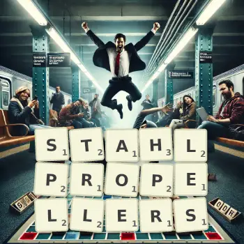 Kreative Illustration für ein Scrabble-Spiel, bei dem das Wort STAHLPROPELLERS mit Steinen auf dem Brett gelegt wurde.