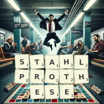 Kreative Illustration für ein Scrabble-Spiel, bei dem das Wort STAHLPROTHESE mit Steinen auf dem Brett gelegt wurde.