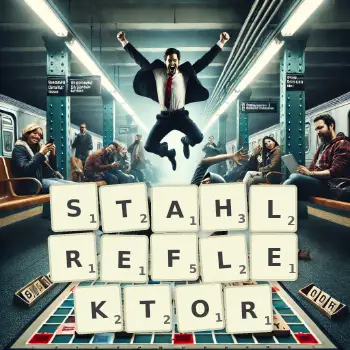 Kreative Illustration für ein Scrabble-Spiel, bei dem das Wort STAHLREFLEKTOR mit Steinen auf dem Brett gelegt wurde.