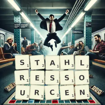 Kreative Illustration für ein Scrabble-Spiel, bei dem das Wort STAHLRESSOURCEN mit Steinen auf dem Brett gelegt wurde.