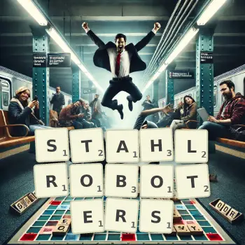 Kreative Illustration für ein Scrabble-Spiel, bei dem das Wort STAHLROBOTERS mit Steinen auf dem Brett gelegt wurde.
