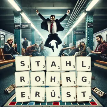 Kreative Illustration für ein Scrabble-Spiel, bei dem das Wort STAHLROHRGERÜST mit Steinen auf dem Brett gelegt wurde.