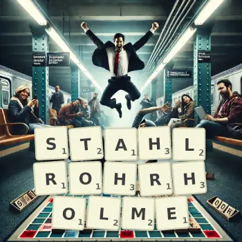 Kreative Illustration für ein Scrabble-Spiel, bei dem das Wort STAHLROHRHOLME mit Steinen auf dem Brett gelegt wurde.