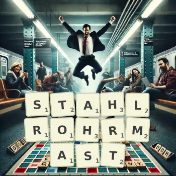 Kreative Illustration für ein Scrabble-Spiel, bei dem das Wort STAHLROHRMAST mit Steinen auf dem Brett gelegt wurde.