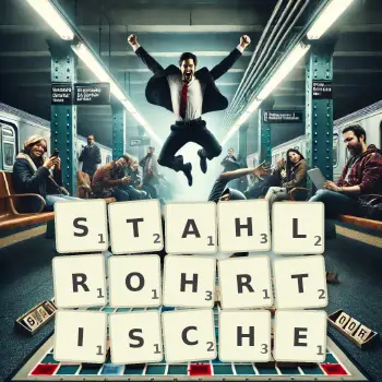 Kreative Illustration für ein Scrabble-Spiel, bei dem das Wort STAHLROHRTISCHE mit Steinen auf dem Brett gelegt wurde.