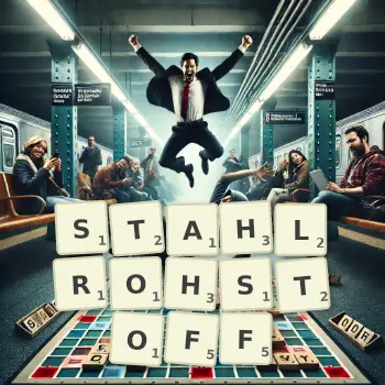 Kreative Illustration für ein Scrabble-Spiel, bei dem das Wort STAHLROHSTOFF mit Steinen auf dem Brett gelegt wurde.