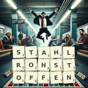 Kreative Illustration für ein Scrabble-Spiel, bei dem das Wort STAHLROHSTOFFEN mit Steinen auf dem Brett gelegt wurde.