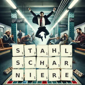 Kreative Illustration für ein Scrabble-Spiel, bei dem das Wort STAHLSCHARNIERE mit Steinen auf dem Brett gelegt wurde.