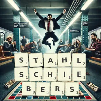 Kreative Illustration für ein Scrabble-Spiel, bei dem das Wort STAHLSCHIEBERS mit Steinen auf dem Brett gelegt wurde.