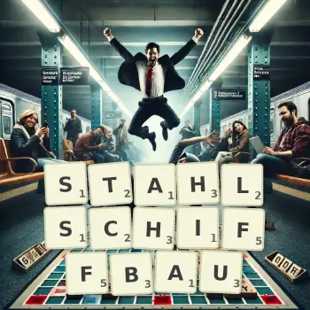 Kreative Illustration für ein Scrabble-Spiel, bei dem das Wort STAHLSCHIFFBAU mit Steinen auf dem Brett gelegt wurde.