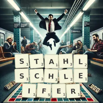 Kreative Illustration für ein Scrabble-Spiel, bei dem das Wort STAHLSCHLEIFER mit Steinen auf dem Brett gelegt wurde.