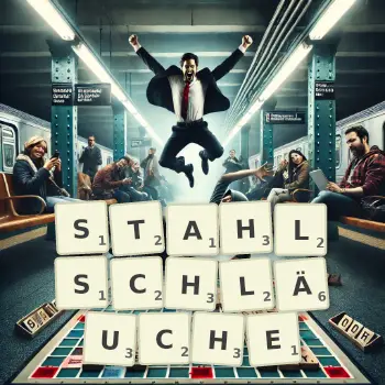 Kreative Illustration für ein Scrabble-Spiel, bei dem das Wort STAHLSCHLÄUCHE mit Steinen auf dem Brett gelegt wurde.