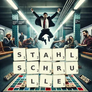 Kreative Illustration für ein Scrabble-Spiel, bei dem das Wort STAHLSCHRULLE mit Steinen auf dem Brett gelegt wurde.