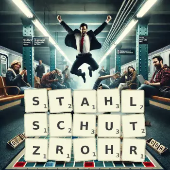 Kreative Illustration für ein Scrabble-Spiel, bei dem das Wort STAHLSCHUTZROHR mit Steinen auf dem Brett gelegt wurde.