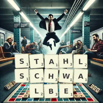 Kreative Illustration für ein Scrabble-Spiel, bei dem das Wort STAHLSCHWALBE mit Steinen auf dem Brett gelegt wurde.
