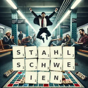 Kreative Illustration für ein Scrabble-Spiel, bei dem das Wort STAHLSCHWEIEN mit Steinen auf dem Brett gelegt wurde.