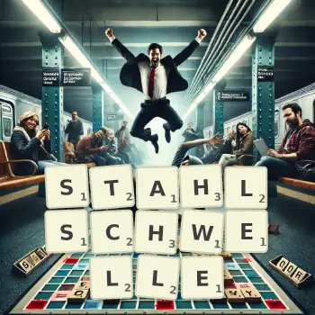 Kreative Illustration für ein Scrabble-Spiel, bei dem das Wort STAHLSCHWELLE mit Steinen auf dem Brett gelegt wurde.