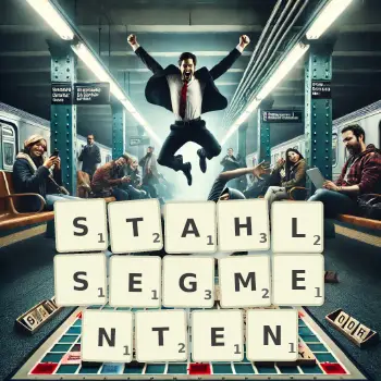 Kreative Illustration für ein Scrabble-Spiel, bei dem das Wort STAHLSEGMENTEN mit Steinen auf dem Brett gelegt wurde.