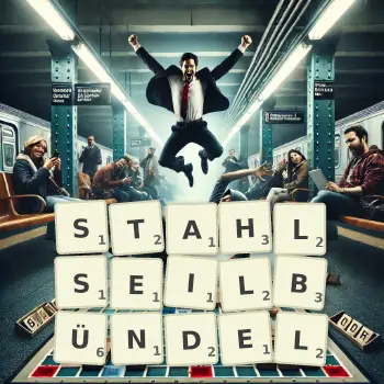Kreative Illustration für ein Scrabble-Spiel, bei dem das Wort STAHLSEILBÜNDEL mit Steinen auf dem Brett gelegt wurde.