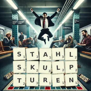 Kreative Illustration für ein Scrabble-Spiel, bei dem das Wort STAHLSKULPTUREN mit Steinen auf dem Brett gelegt wurde.