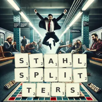 Kreative Illustration für ein Scrabble-Spiel, bei dem das Wort STAHLSPLITTERS mit Steinen auf dem Brett gelegt wurde.
