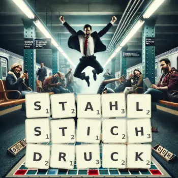 Kreative Illustration für ein Scrabble-Spiel, bei dem das Wort STAHLSTICHDRUCK mit Steinen auf dem Brett gelegt wurde.