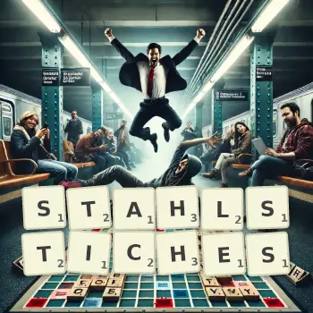 Kreative Illustration für ein Scrabble-Spiel, bei dem das Wort STAHLSTICHES mit Steinen auf dem Brett gelegt wurde.
