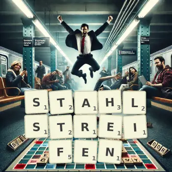 Kreative Illustration für ein Scrabble-Spiel, bei dem das Wort STAHLSTREIFEN mit Steinen auf dem Brett gelegt wurde.