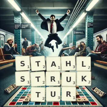 Kreative Illustration für ein Scrabble-Spiel, bei dem das Wort STAHLSTRUKTUR mit Steinen auf dem Brett gelegt wurde.