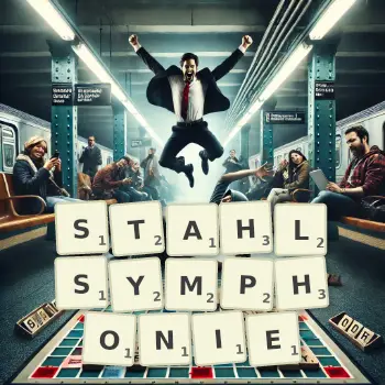 Kreative Illustration für ein Scrabble-Spiel, bei dem das Wort STAHLSYMPHONIE mit Steinen auf dem Brett gelegt wurde.