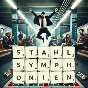 Kreative Illustration für ein Scrabble-Spiel, bei dem das Wort STAHLSYMPHONIEN mit Steinen auf dem Brett gelegt wurde.
