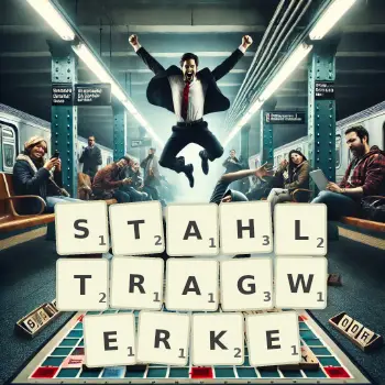 Kreative Illustration für ein Scrabble-Spiel, bei dem das Wort STAHLTRAGWERKE mit Steinen auf dem Brett gelegt wurde.
