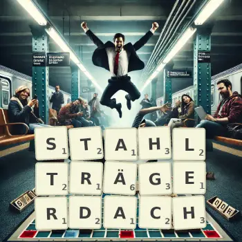 Kreative Illustration für ein Scrabble-Spiel, bei dem das Wort STAHLTRÄGERDACH mit Steinen auf dem Brett gelegt wurde.