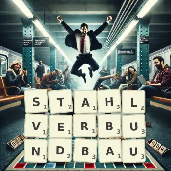 Kreative Illustration für ein Scrabble-Spiel, bei dem das Wort STAHLVERBUNDBAU mit Steinen auf dem Brett gelegt wurde.