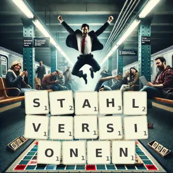 Kreative Illustration für ein Scrabble-Spiel, bei dem das Wort STAHLVERSIONEN mit Steinen auf dem Brett gelegt wurde.