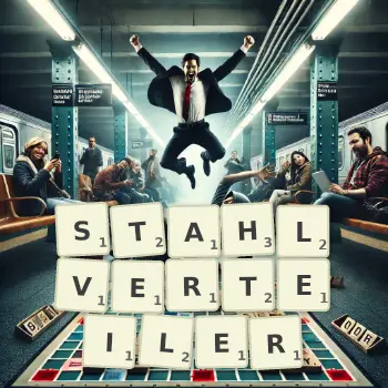 Kreative Illustration für ein Scrabble-Spiel, bei dem das Wort STAHLVERTEILER mit Steinen auf dem Brett gelegt wurde.