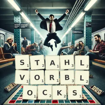 Kreative Illustration für ein Scrabble-Spiel, bei dem das Wort STAHLVORBLOCKS mit Steinen auf dem Brett gelegt wurde.